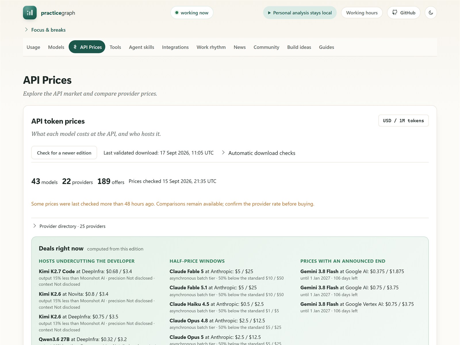 API Prices: 43 models, 22 providers, 189 prices, with a panel of current deals.
