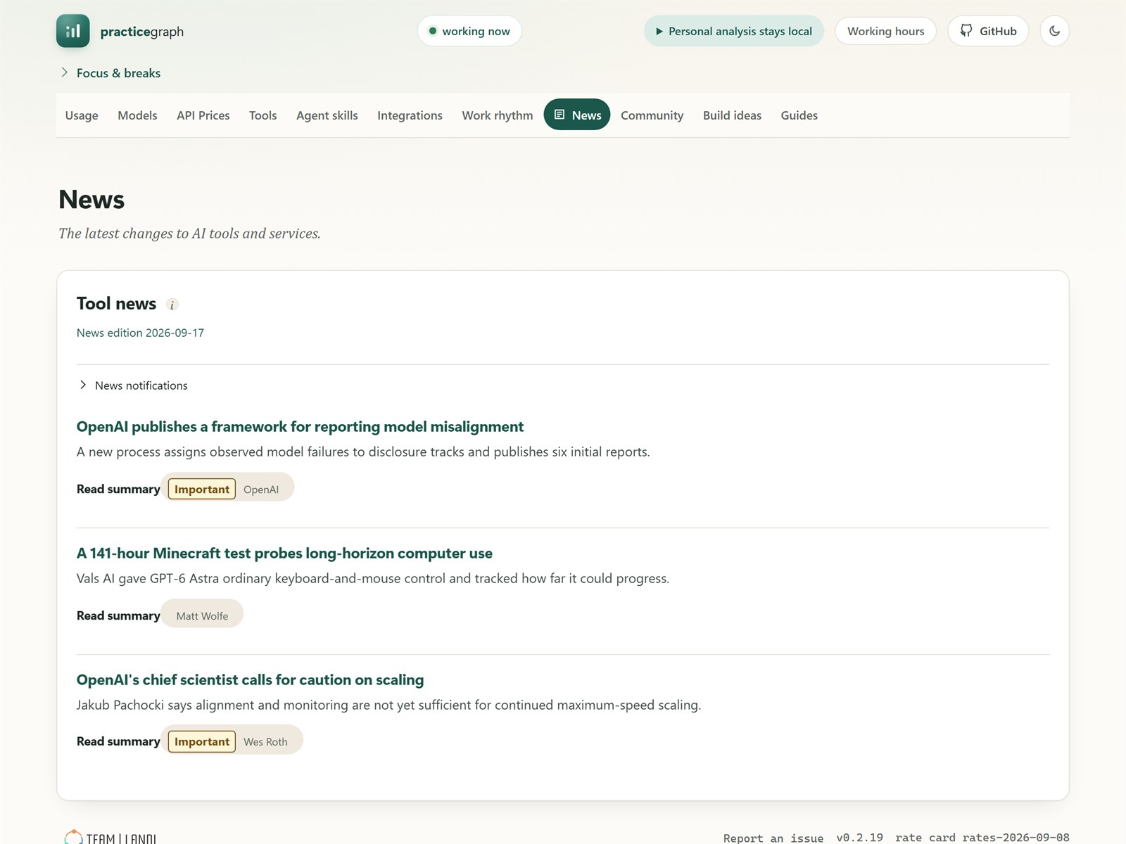 The News page with three stories, each with a one-line summary and its source.